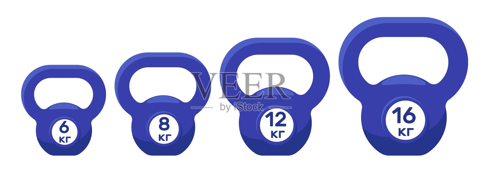 不同重量的健身壶铃。力量举练习。健美锻炼。健身房杠铃。力量运动训练。重型哑铃。运动器材矢量图集。插画图片素材