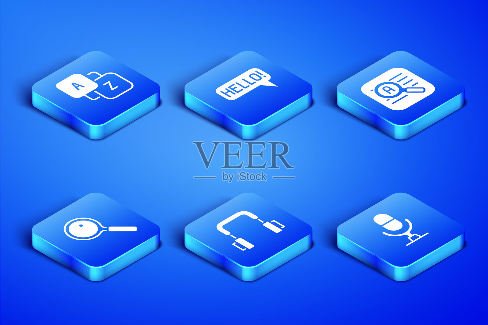 设置麦克风语音设备、词汇、耳机、放大镜、你好不同语言和翻译图标。矢量图。插画图片素材