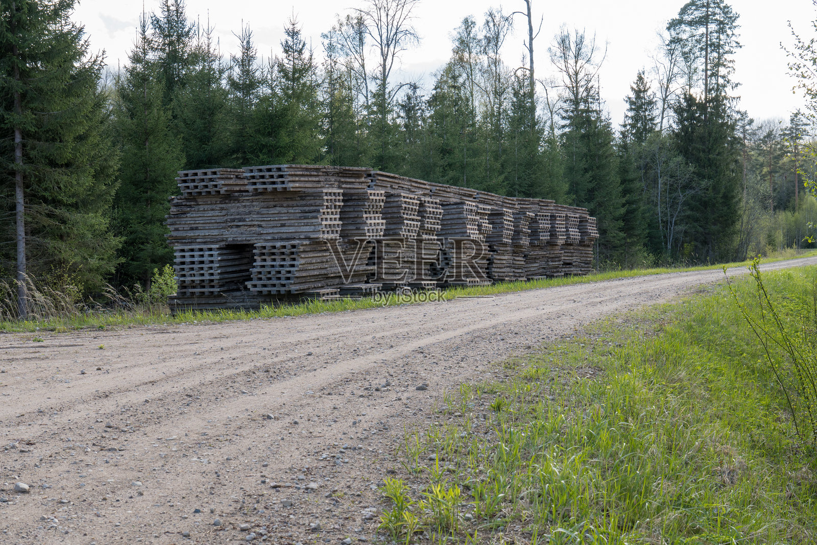 用于森林机械在沼泽地形中使用的木质轨道垫堆放在春季林地环境中的土路旁照片摄影图片