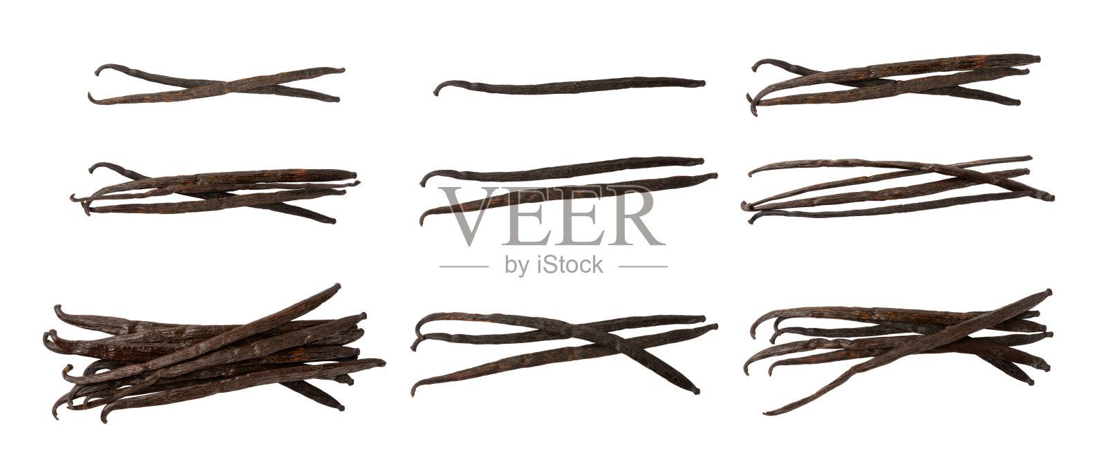 香草荚孤立在白色背景上。香草花和种子。香草棒。用于糕点和甜点的芳香香料。调味料。留白空间。照片摄影图片