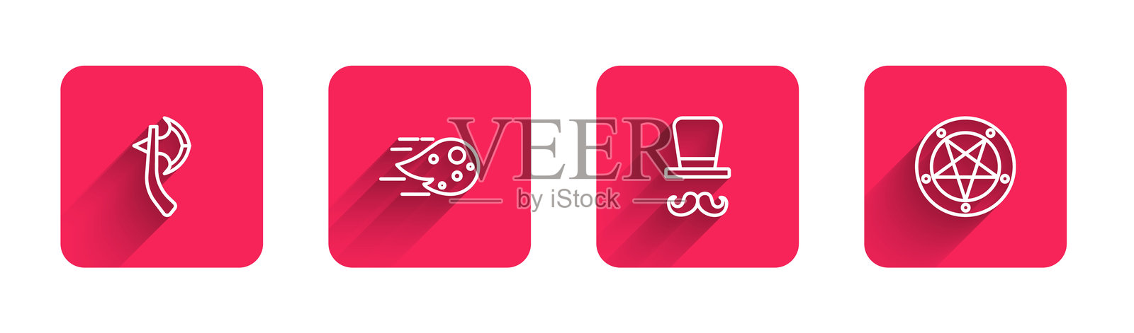 木制斧头、火球、魔法师和带长阴影的圆形五角星。红色方形按钮。矢量图。插画图片素材