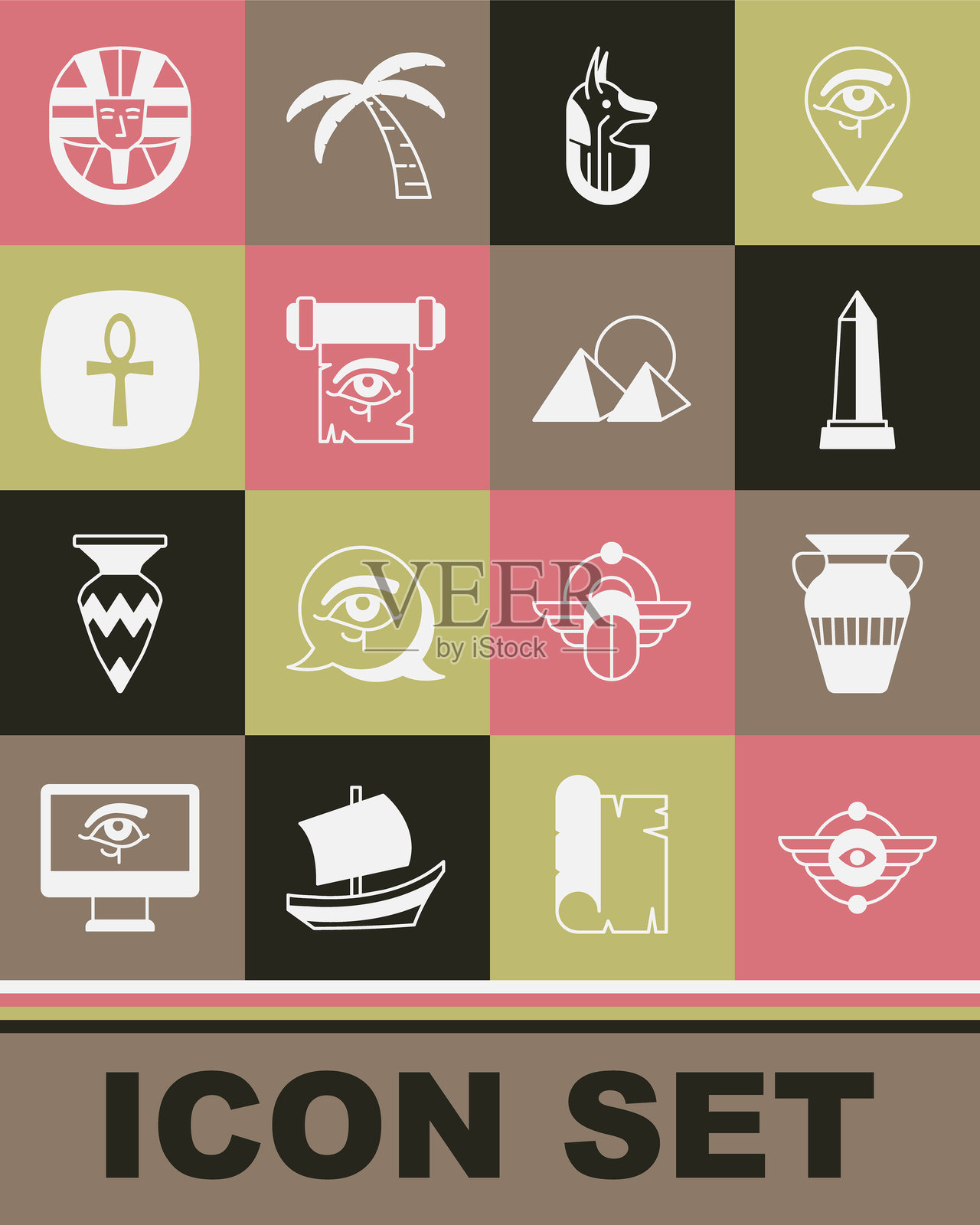 埃及象征:有翼的太阳、花瓶、亚历山大方尖碑、阿努比斯、荷鲁斯之眼在纸莎草卷轴上、安卡十字、法老和金字塔图标。矢量图。插画图片素材