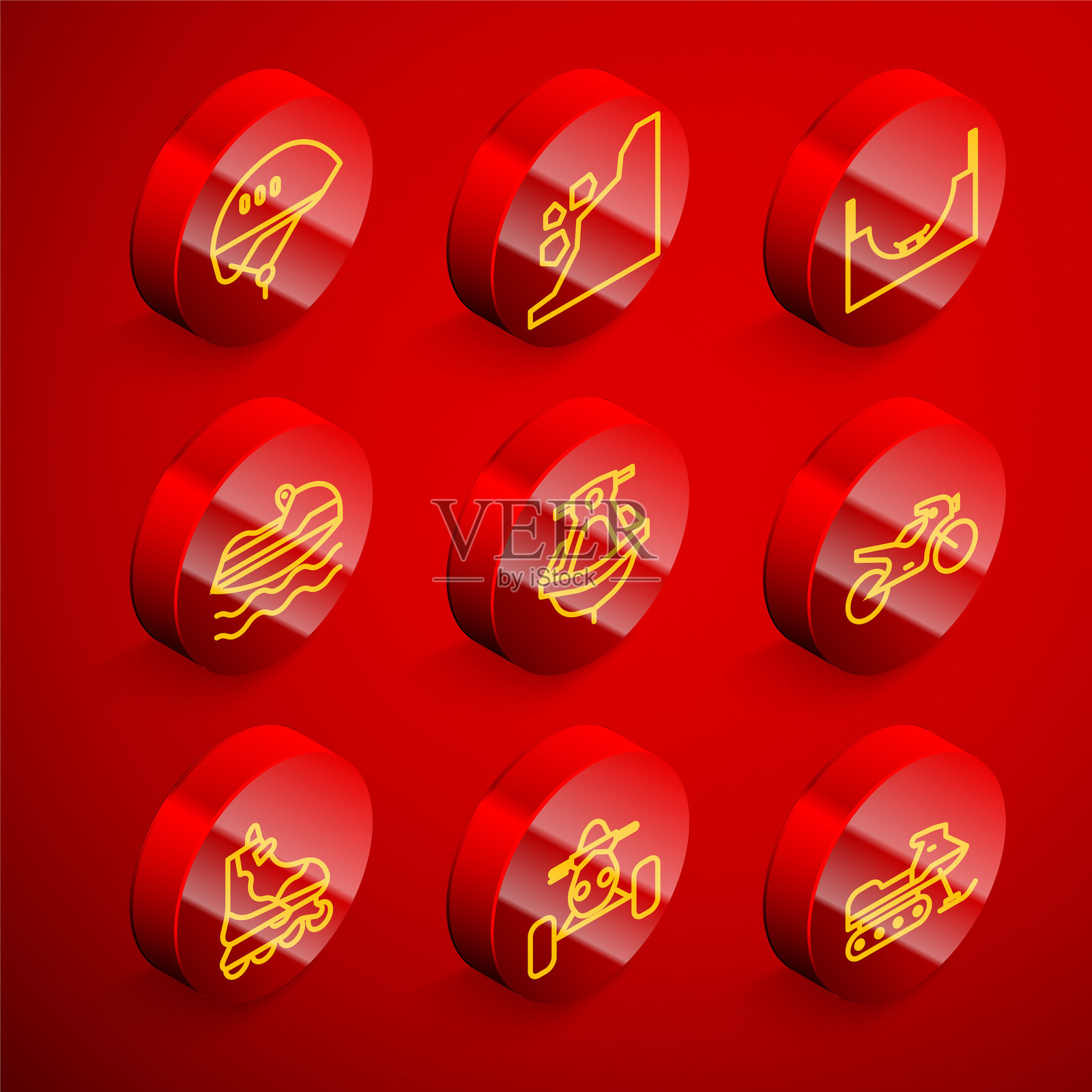 自行车头盔、山体滑坡、滑板公园、摩托艇、摩托车、滑轮滑和全地形车图标。矢量图。插画图片素材