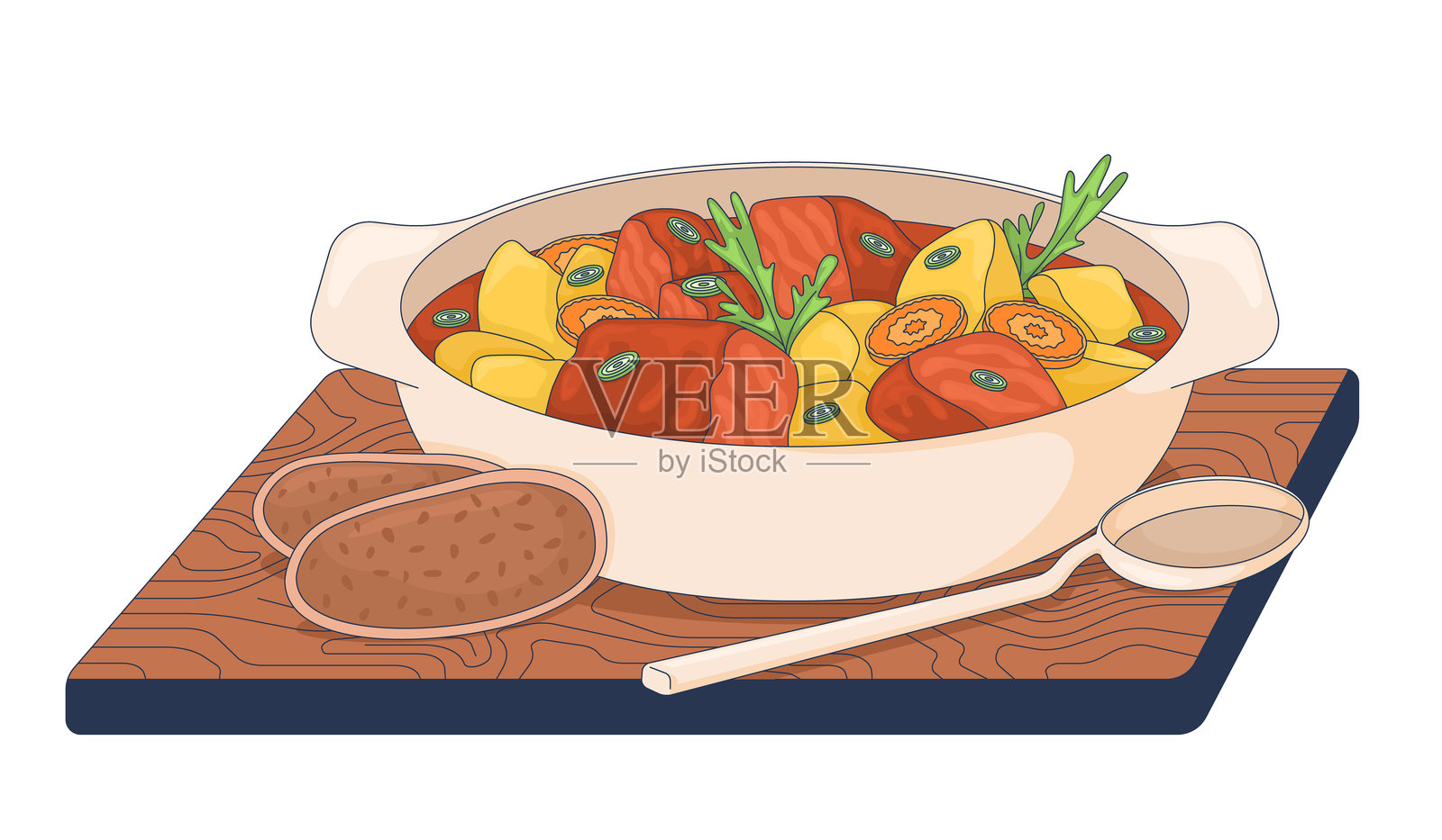 匈牙利炖牛肉配面包和勺子的二维矢量插图插画图片素材