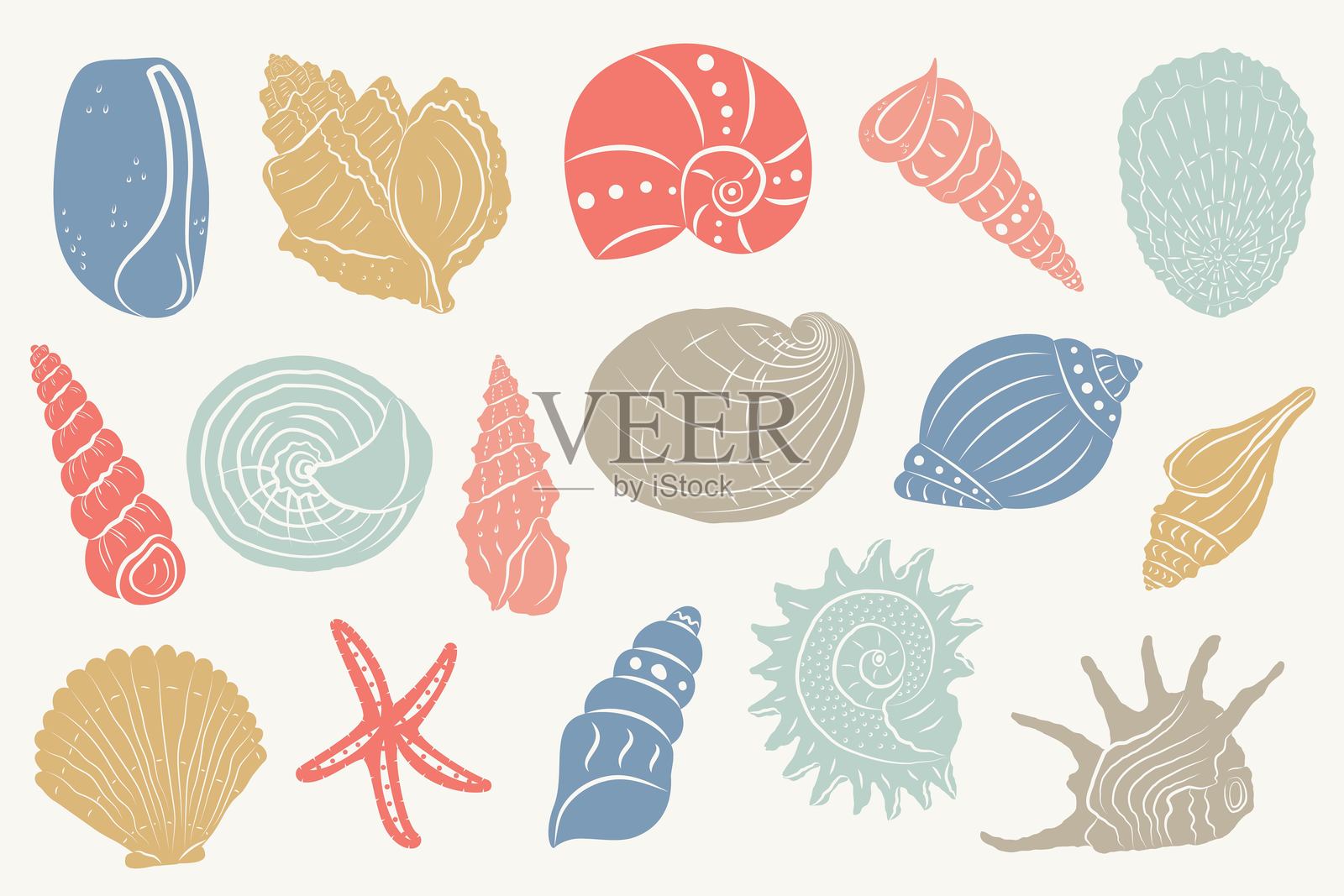 一组色彩斑斓的手绘海螺插画图片素材