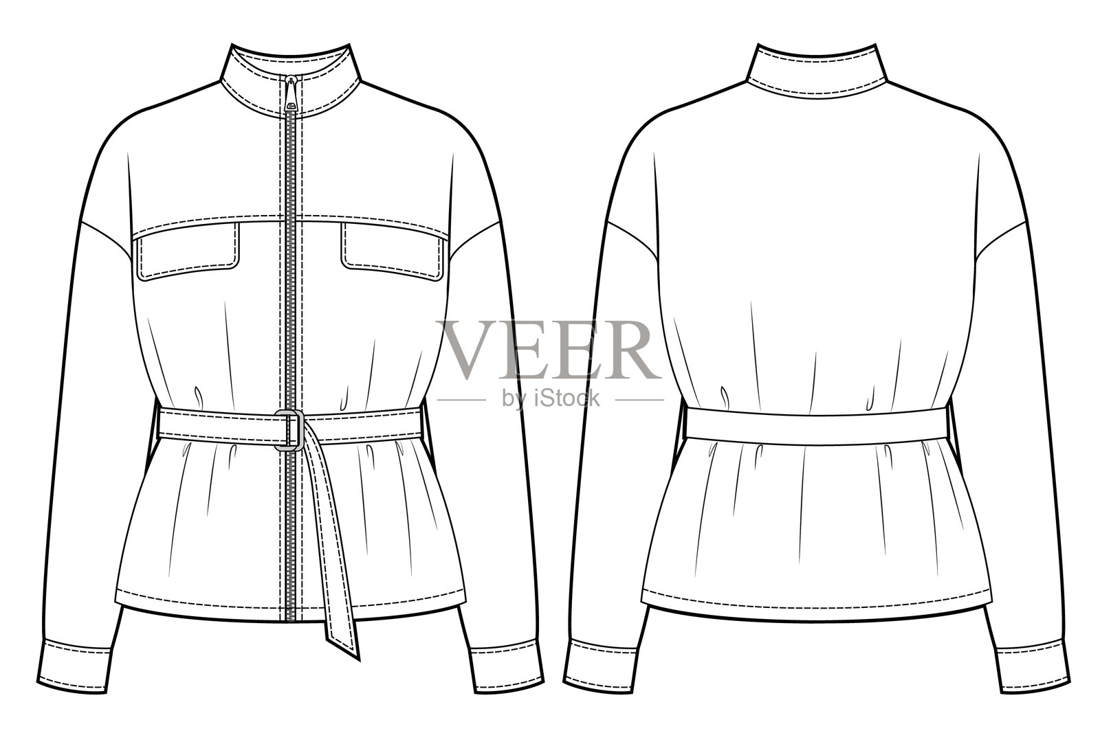 短款女夹克,腰部有腰带插画图片素材