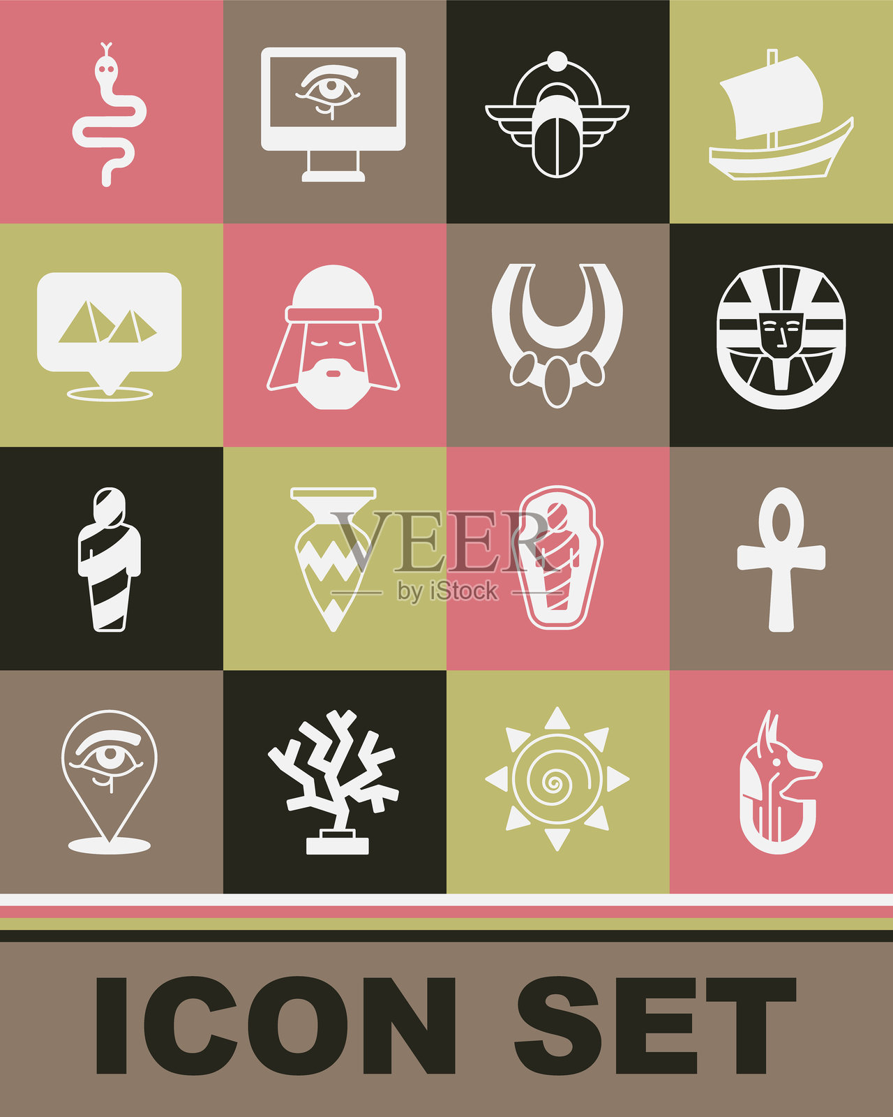 埃及神犬阿努比斯、十字安卡、法老、圣甲虫、男人、金字塔、蛇和项链图标。矢量图。插画图片素材