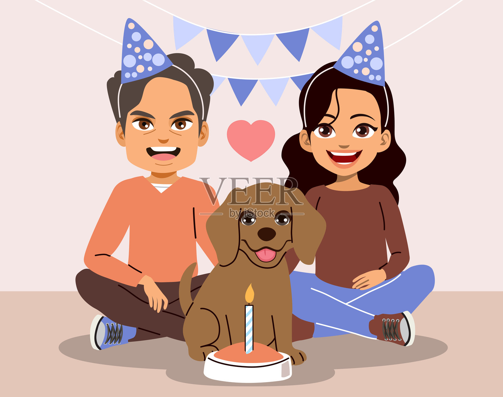 情侣庆祝宠物周年纪念日,毛茸茸的宝贝爱,卡通矢量插图插画图片素材