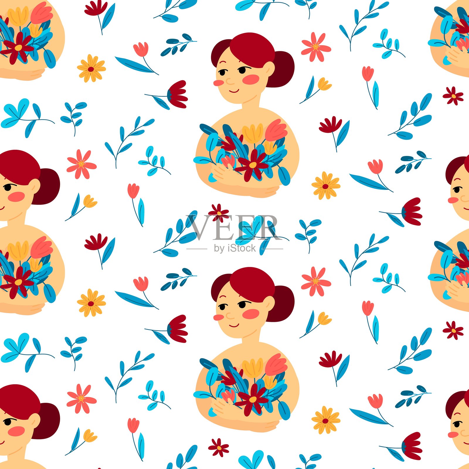 一个女孩手捧鲜花,周围环绕着花朵,背景为白色。一个女人拥抱着花束。明亮的春季矢量平面插图,体现女性健康和自爱。插画图片素材