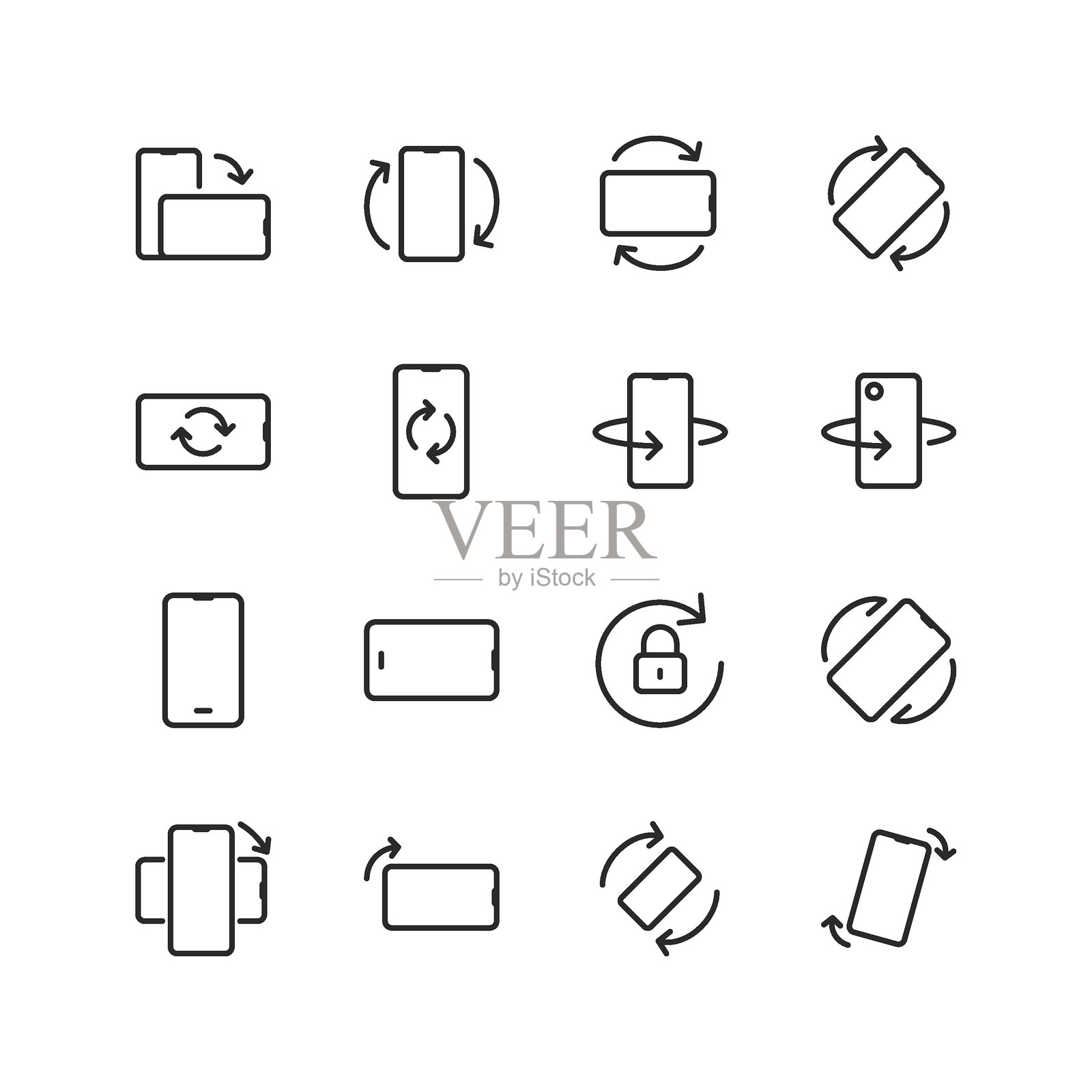 智能手机旋转和方向,线性风格图标集。纵向到横向模式,旋转运动和方向锁定。设备旋转说明和设置。可编辑的笔画宽度。插画图片素材