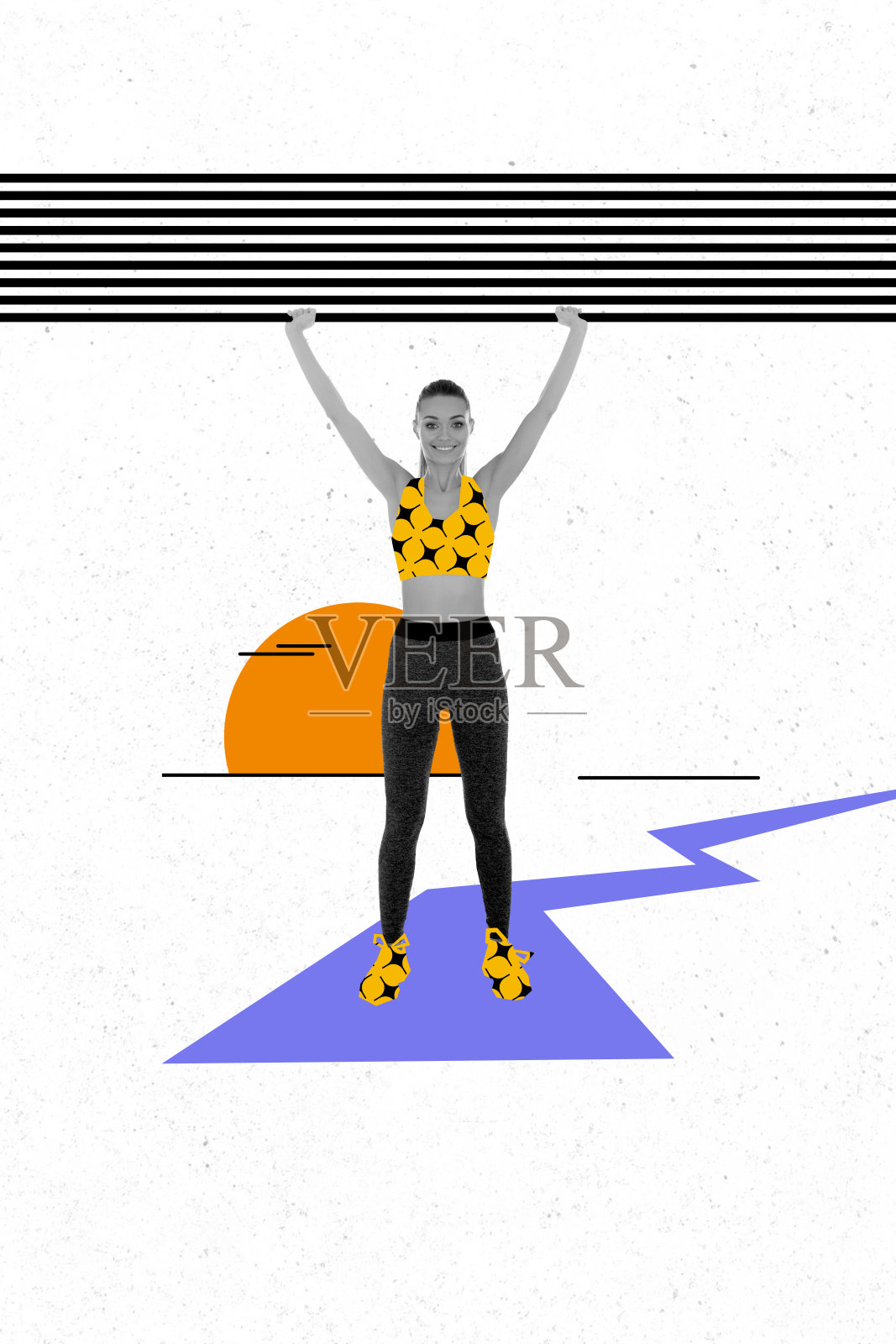 快乐的女孩在彩色背景前举手庆祝成功的垂直拼贴图像照片摄影图片