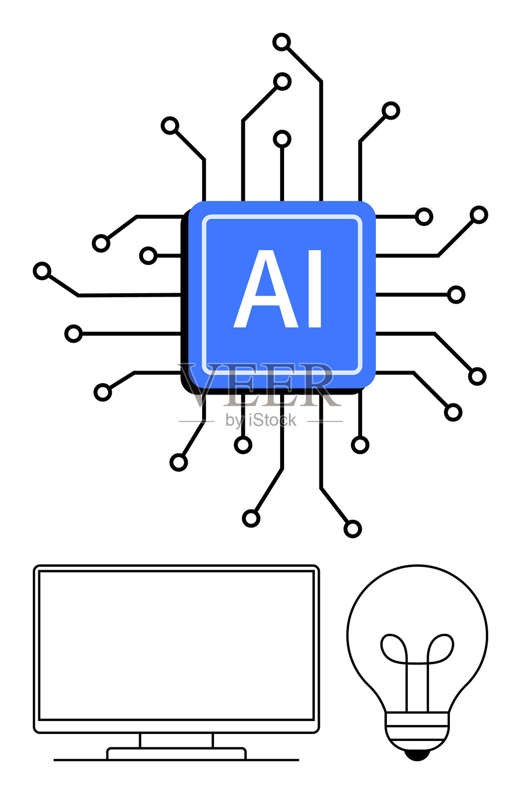 代表创新的AI技术概念,包含微芯片、计算机显示器和灯泡。插画图片素材