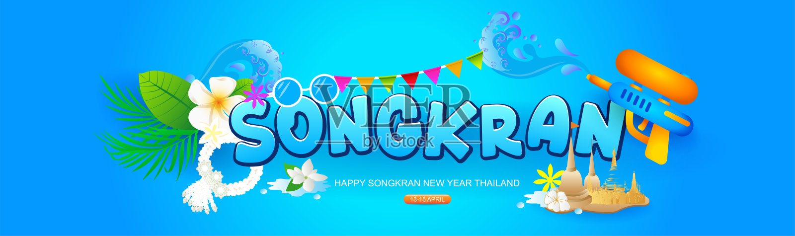 宋干水节旅行泰国,水枪喷射和茉莉花花环矢量插图背景插画图片素材