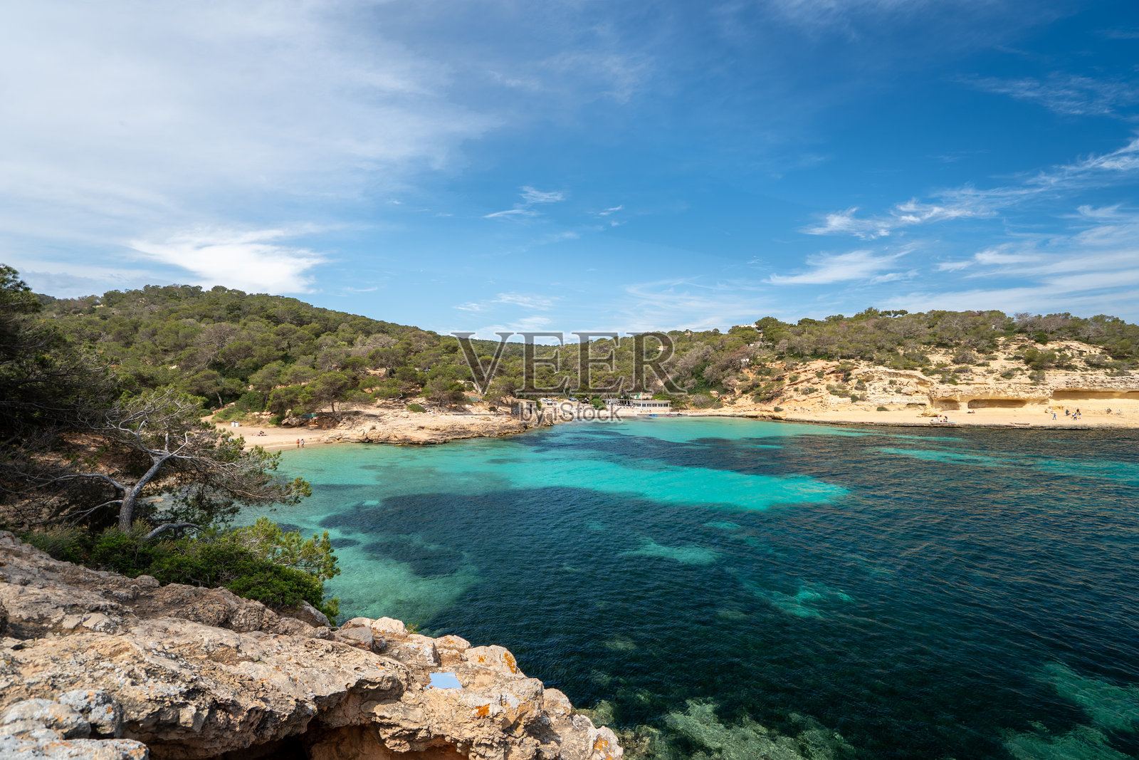 马略卡岛,巴利阿里群岛,西班牙的隐秘海湾,碧蓝清澈的海水和地中海松树。照片摄影图片