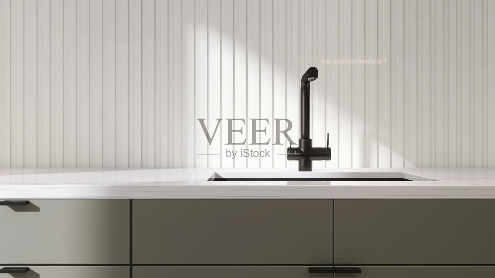 白色大理石厨房台面,配有黑色嵌入式水槽,带有条纹护墙板的水龙头,在阳光下用于室内设计装饰、烹饪、食品和厨房用品的背景3D图像照片摄影图片