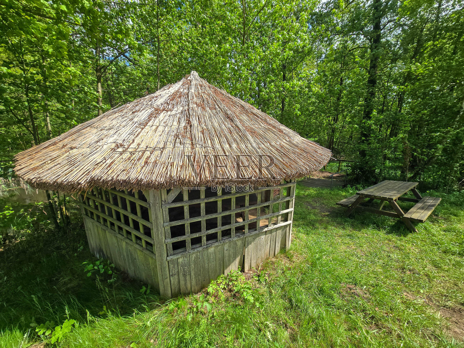 舒适的茅草凉亭,乡村魅力与自然和谐照片摄影图片