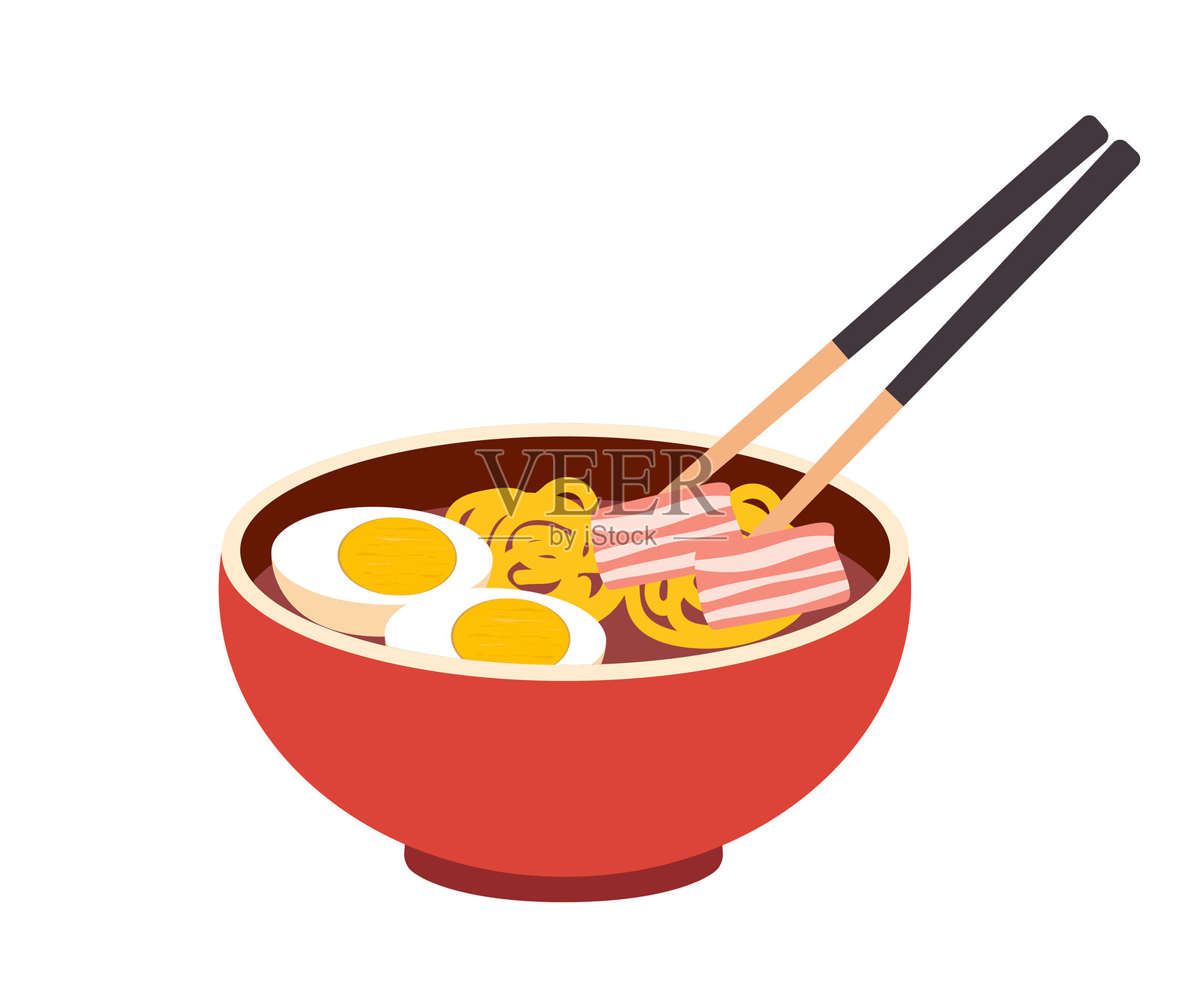 辛辣韩国泡菜拉面(软豆腐拉面,拉面面条)食谱插图矢量图。亚洲韩国面条汤食品图标设计。顶部视角卡通风格的韩国蘑菇面条汤。韩国美食菜单。插画图片素材