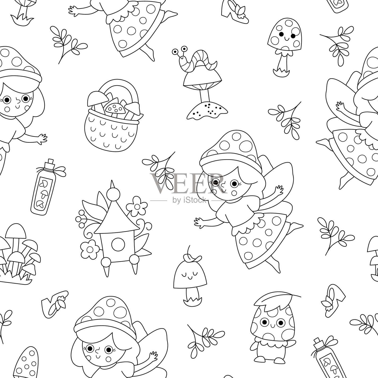 黑白蘑菇仙女无缝图案。带小女孩的线条重复背景。森林公主数字纸张。幻想森林,魔法花园涂色页。插画图片素材