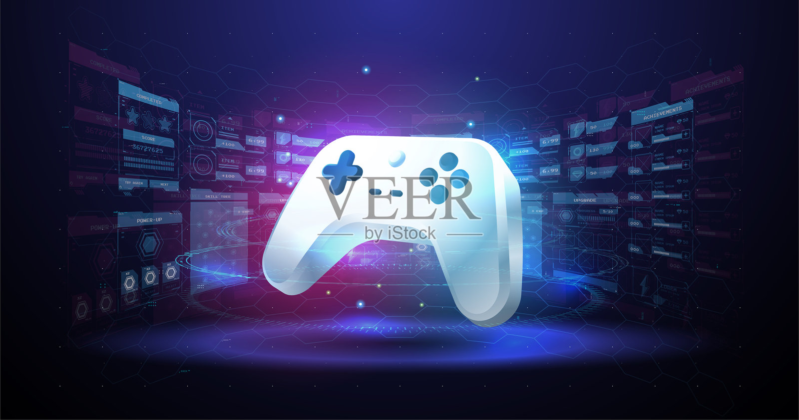 无线控制器游戏手柄用于玩游戏。霓虹灯光游戏手柄。带有HUD元素的矢量插图。云游戏概念。插画图片素材