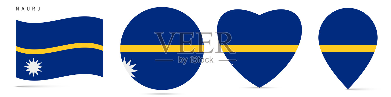 瑙鲁国旗飘扬,圆形徽章,心形,地图标记。平面矢量插图,独立展示。插画图片素材