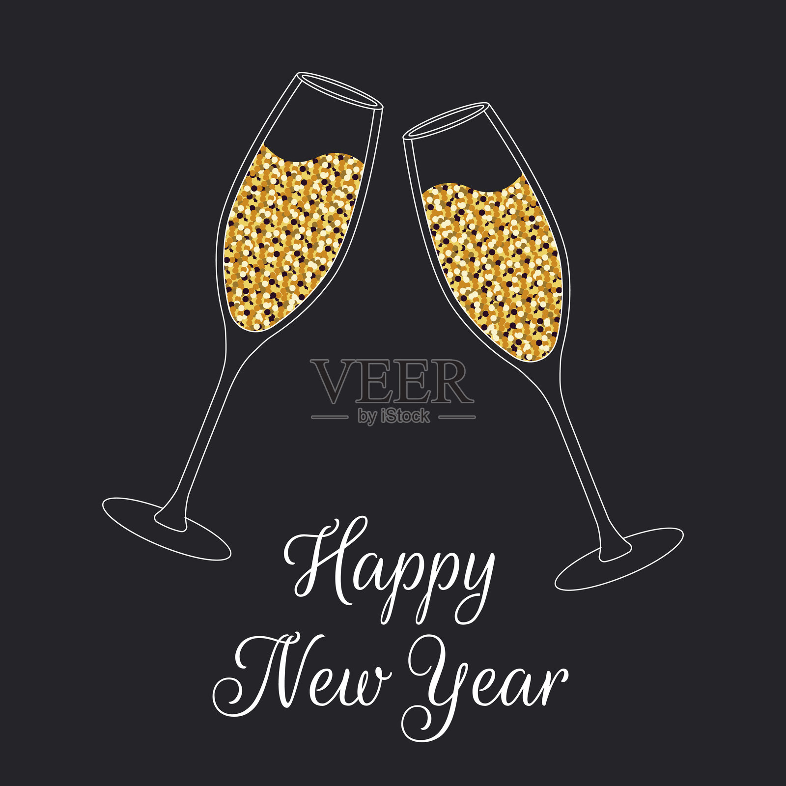 新年背景。两杯香槟与金色闪光。贺卡模板,派对邀请,社交媒体使用。插画图片素材