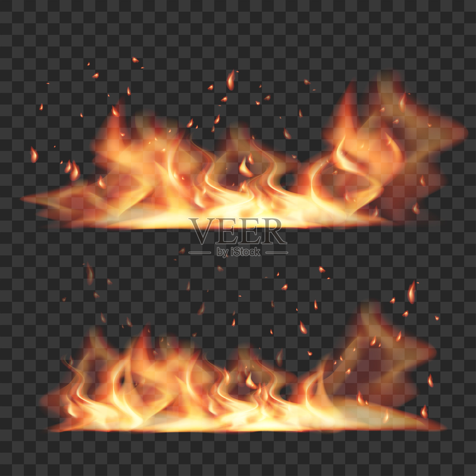 透明背景上的真实燃烧火焰与火花。矢量图。插画图片素材