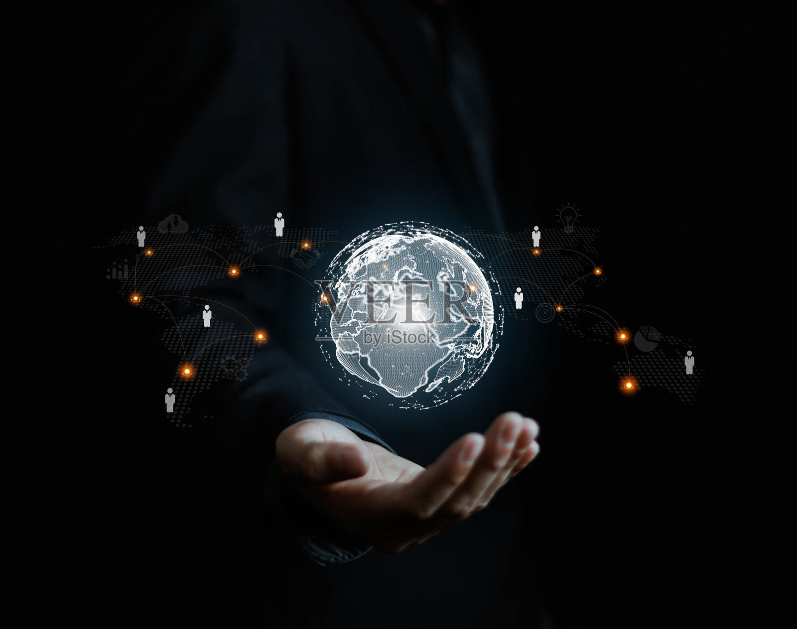 手握地球仪,连接网络图标,发展变化中的智能数据与全球商业发展,应用人工智能的数字技术。照片摄影图片