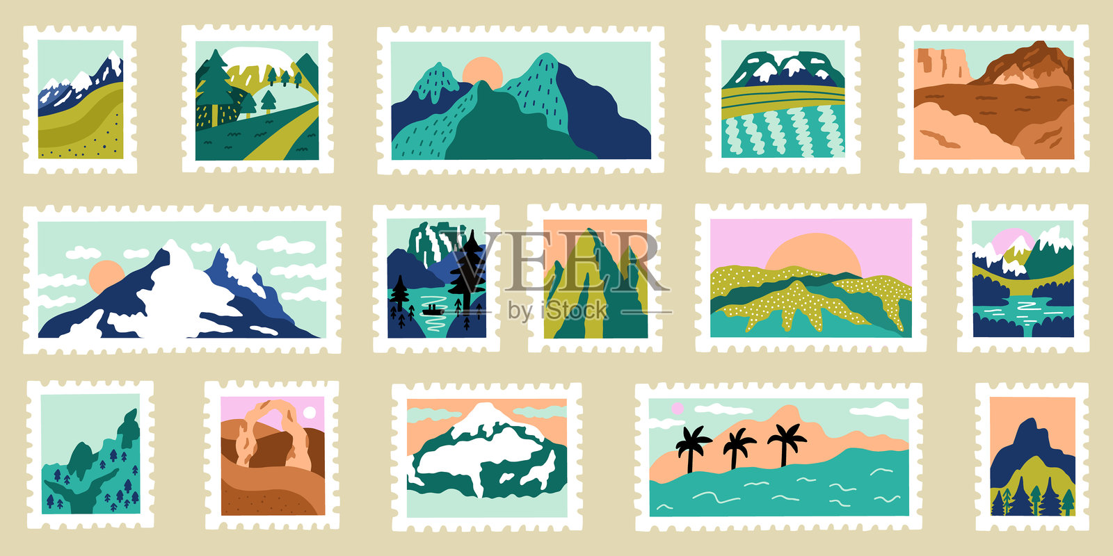 旅行山脉邮票贴纸套装插画图片素材