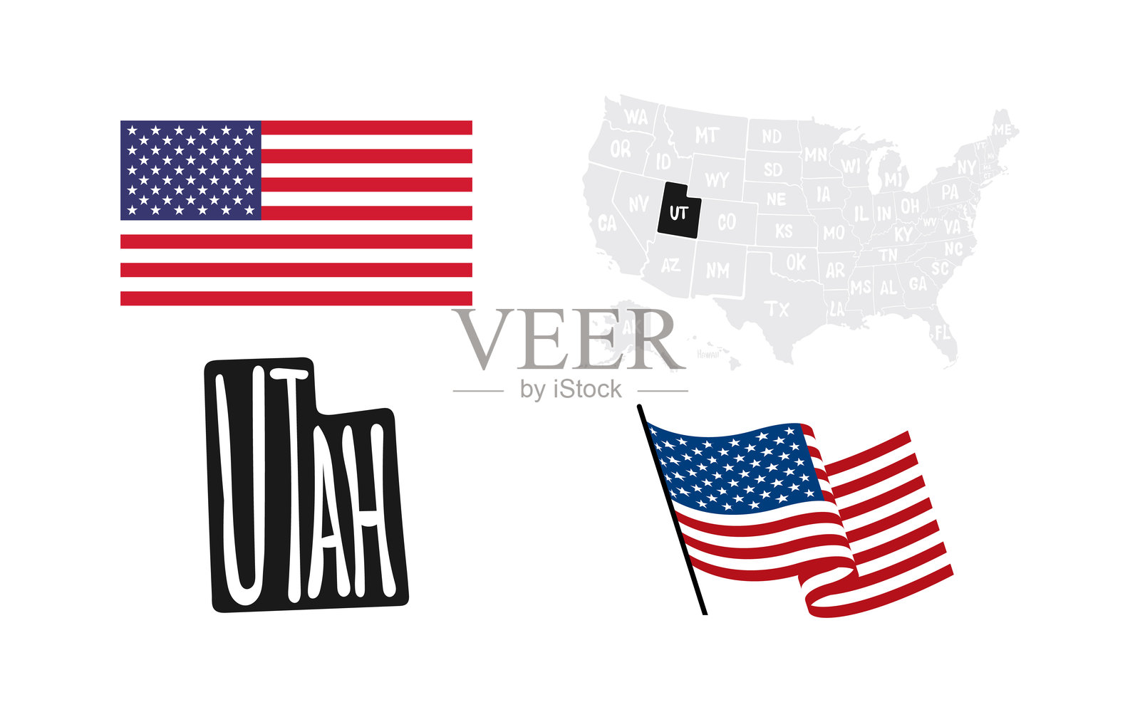 犹他州。美国国旗。美国地图插画图片素材