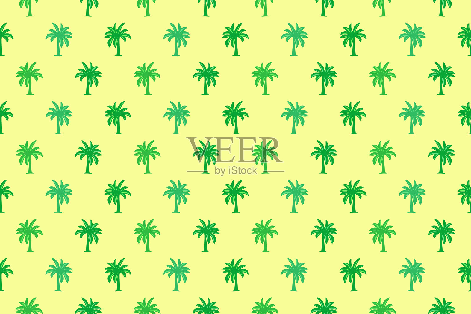 黄色背景上的绿色棕榈树无缝图案。夏季背景。插画图片素材