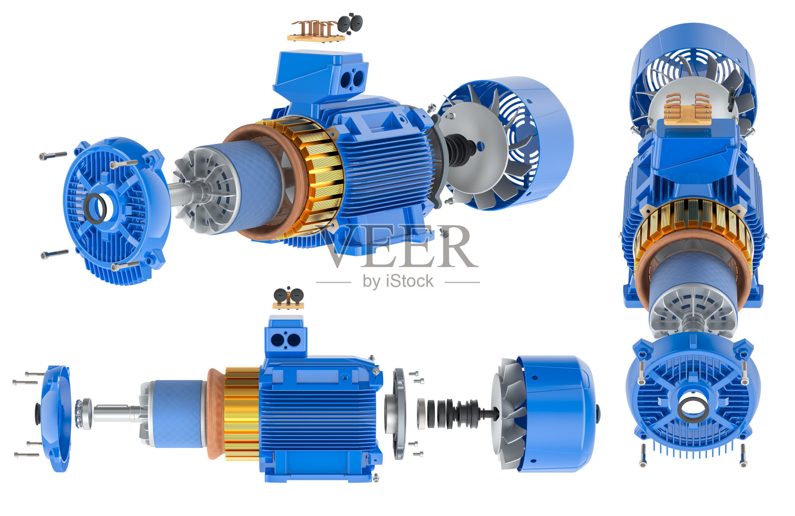 工业电动机的不同部件,正面和侧面视图。3D渲染。照片摄影图片