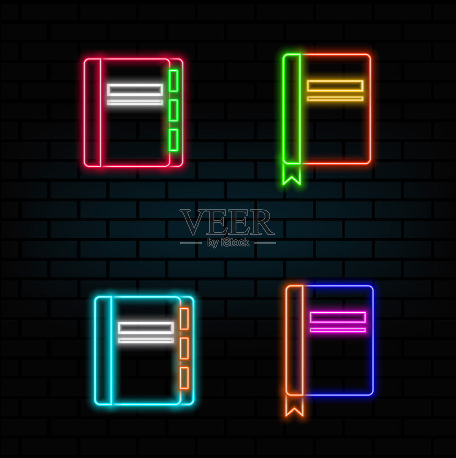 笔记本。记事本。霓虹日记。插图。打开的螺旋书籍,带有书签。装订成环的笔记本,里面是空白的横线纸页。插画图片素材