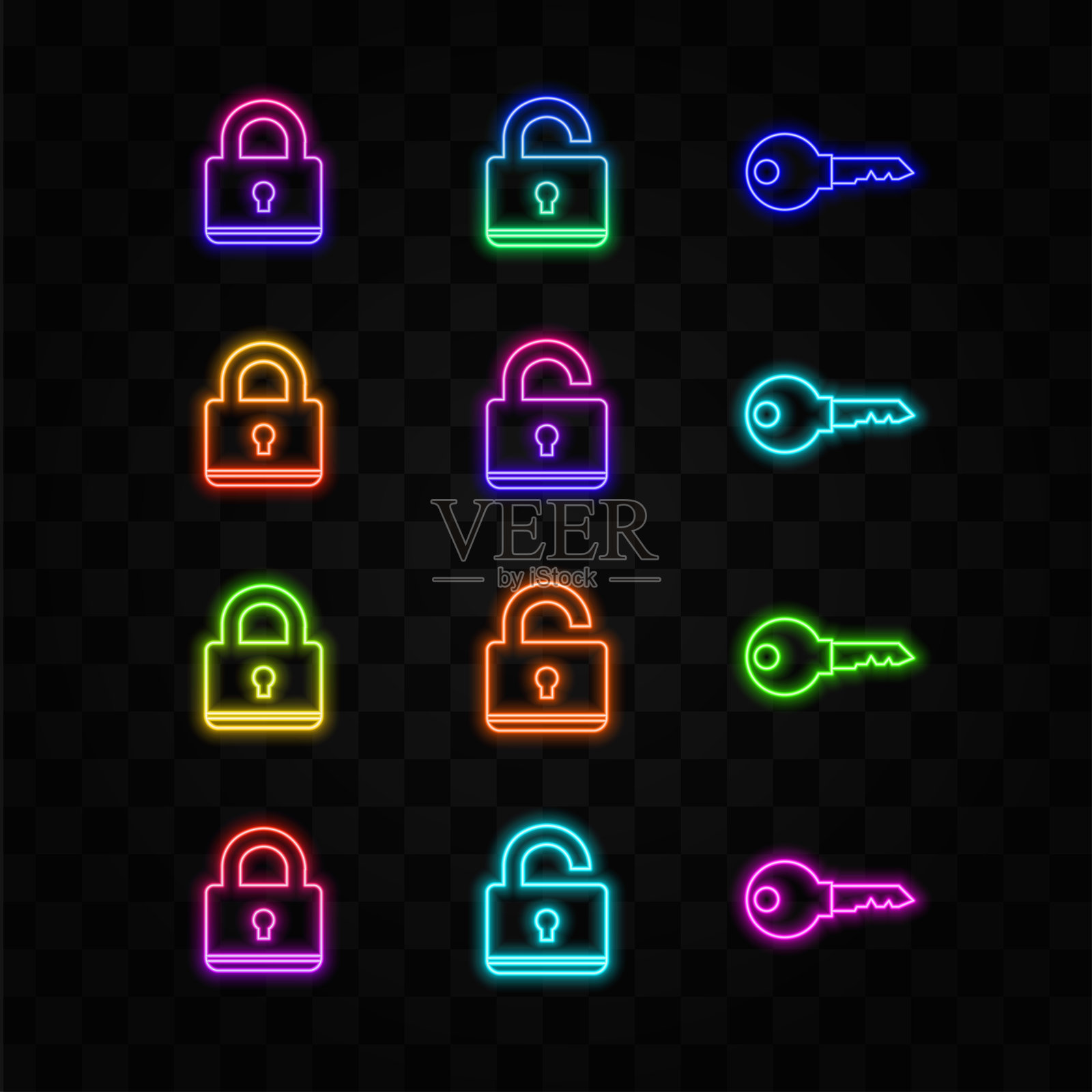打开和关闭的挂锁图标。霓虹钥匙。保险箱符号。霓虹风格。矢量插图。插画图片素材