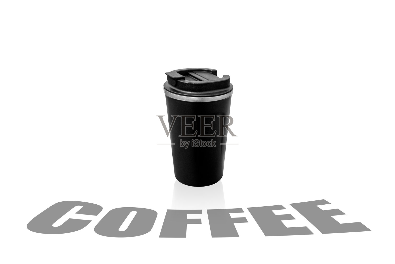 黑色咖啡保温杯,背景为白色。热饮保温杯。照片摄影图片