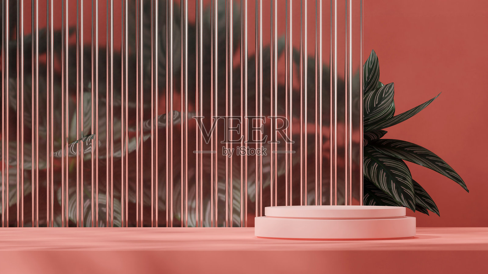 在风景玻璃墙前,粉色曲线圆柱讲台的3D渲染图像场景模板照片摄影图片
