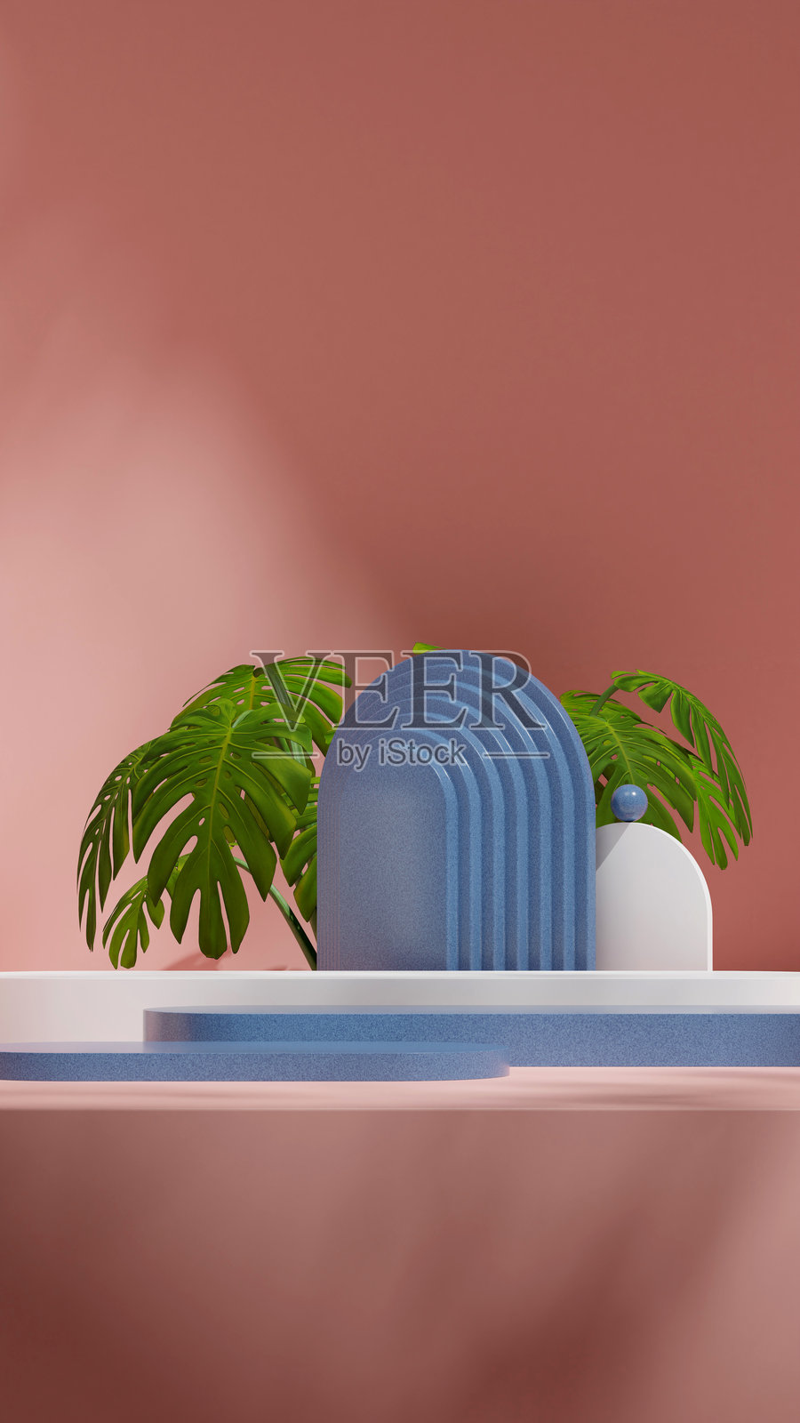 曲面拱形和球体的花岗岩纹理块台,3D渲染图像空场景照片摄影图片