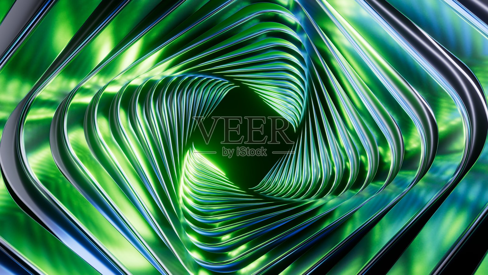 抽象的绿色玻璃背景,带有肋纹。隧道尽头有一个菱形孔。3D渲染。照片摄影图片