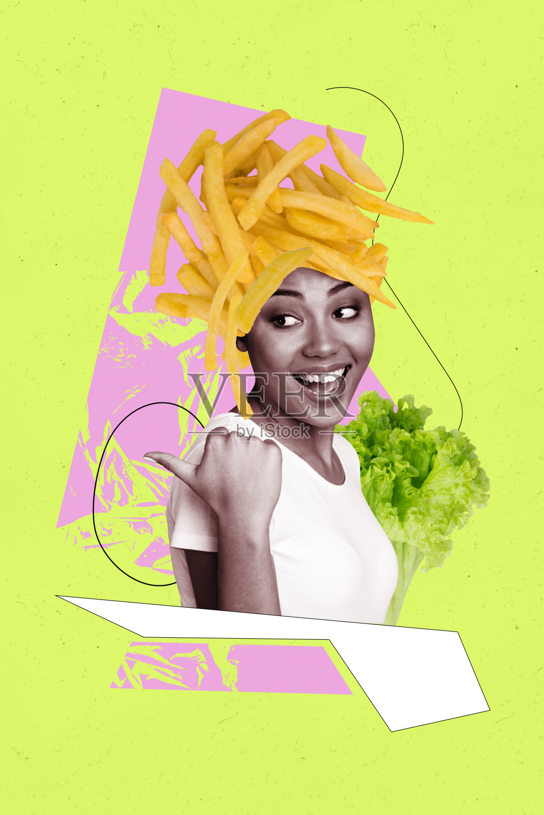 快乐的美国女孩的竖版照片拼贴,头发中夹杂着薯条、土豆、垃圾食品和生菜沙拉,背景为涂鸦风格。照片摄影图片