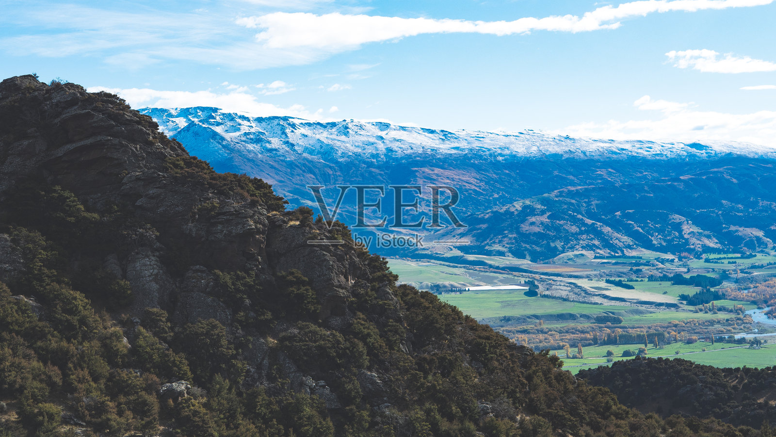 新西兰中奥塔哥本迪戈的卡努卡环道,壮观的山谷和雪覆盖的山峰,绿意盎然的山丘,蓝天,明信片般的美景。照片摄影图片