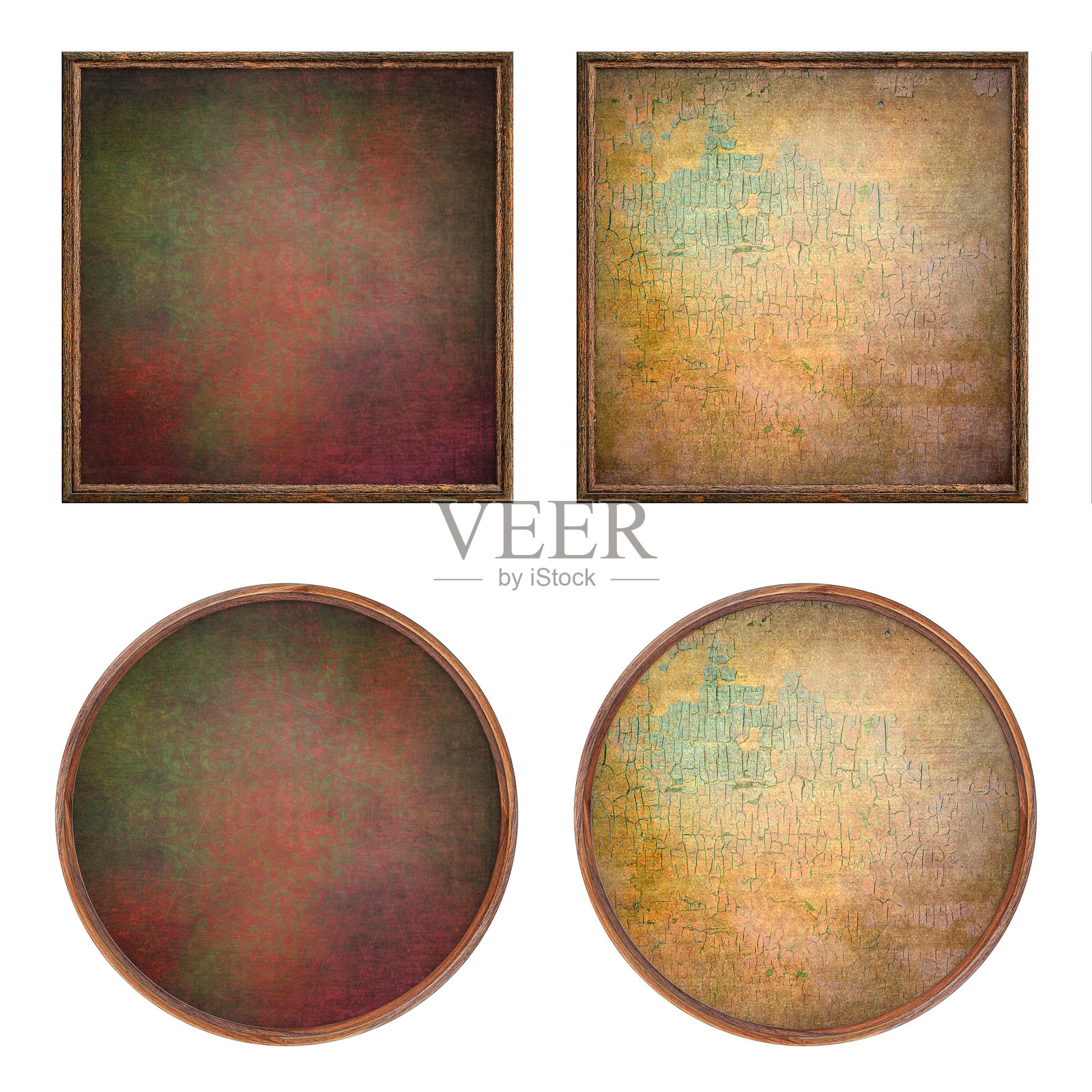 木框。两个带有创意划痕纹理的空方框,孤立在白色背景上。空白框架。标识样板。旧框。照片摄影图片