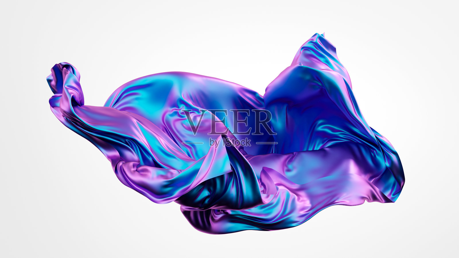 3D渲染。抽象时尚背景。彩虹色的粉蓝色布料在白色背景上漂浮和波动。丝绸织物带有全息箔效果,被风吹动。照片摄影图片