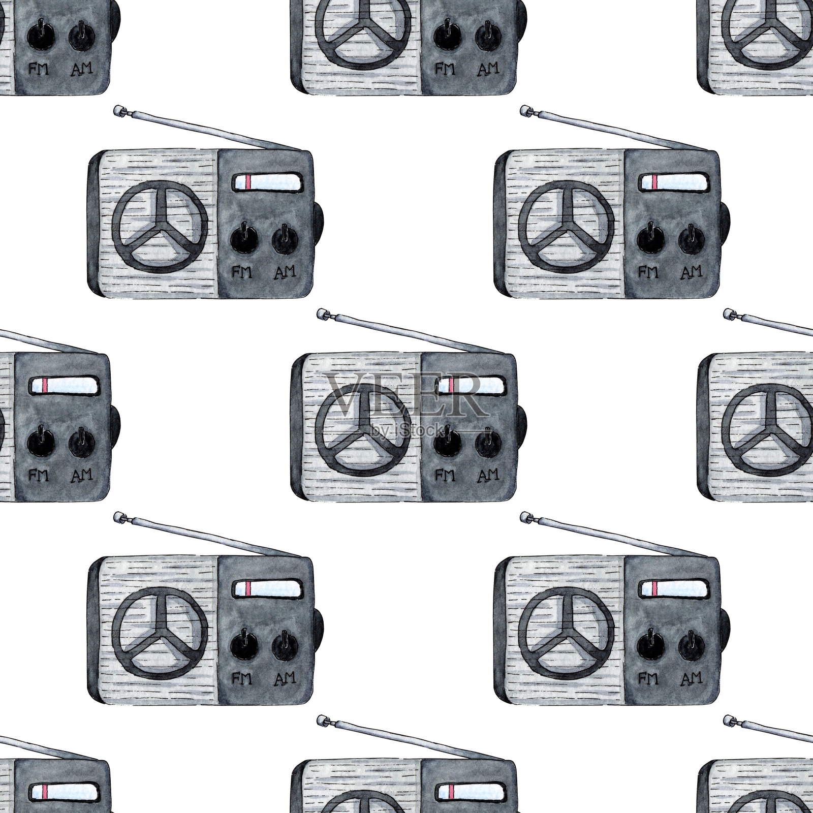 小型便携式收音机的水彩插图图案。远距离信号传输。随时随地的音乐。音乐标志。白色背景上孤立。手绘。插画图片素材