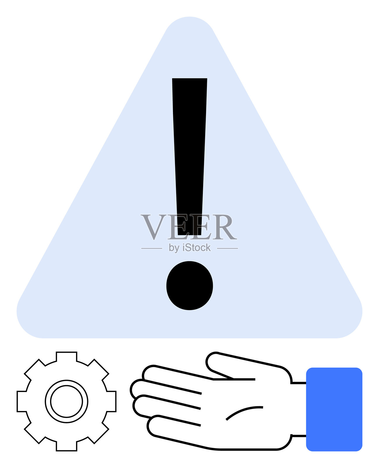 带有齿轮和手部符号的感叹号警告标志,用于安全和技术警报插画图片素材