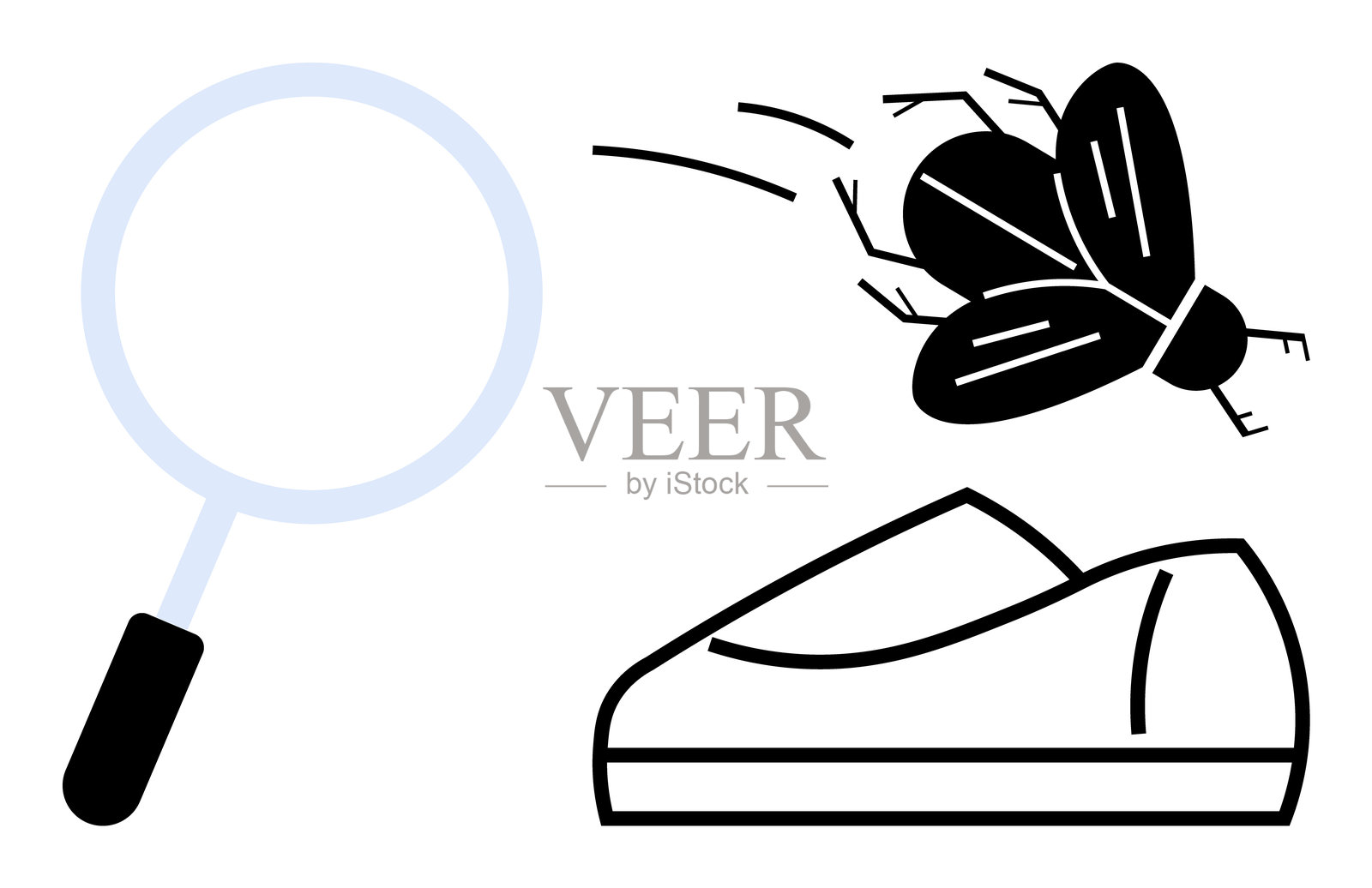 放大镜、苍蝇和鞋子代表检查、害虫控制和行动主题插画图片素材