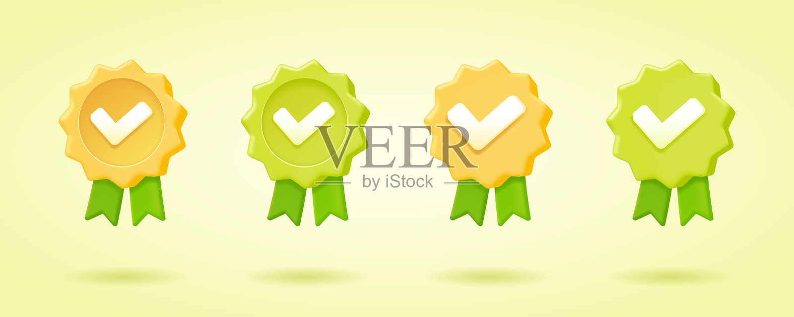 绿色和黄色的勾选标记奖牌,带有丝带 - 验证、批准、认证的徽章,用于认证和成功 - 3D矢量插图合集。矢量图标集。插画图片素材