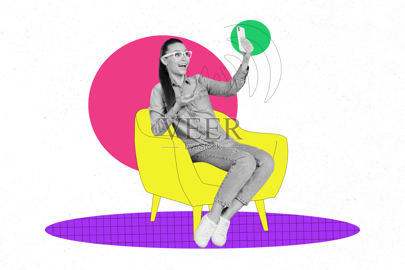 明亮色彩家居空间的3D照片拼贴艺术作品,舒适的扶手椅上坐着一位女性,手持智能手机进行博客创作。照片摄影图片