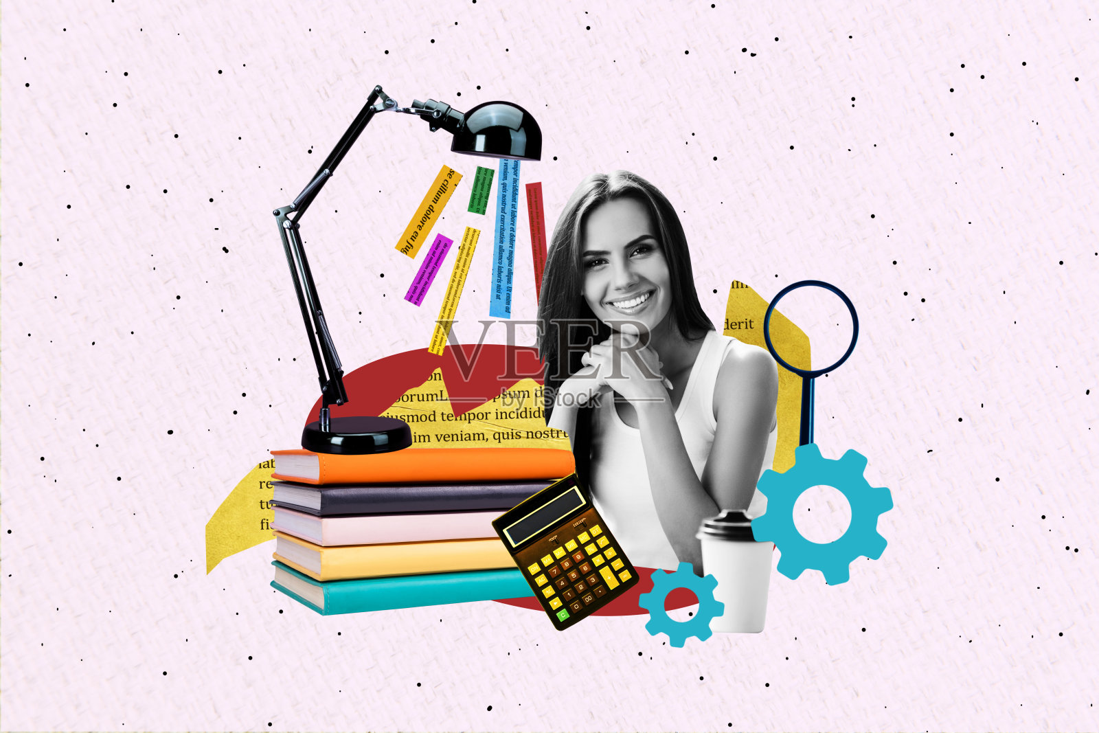 创意图像拼贴,年轻漂亮的快乐女孩学习,准备考试,工作,齿轮,效率,灯,文学书籍,研究,发现照片摄影图片