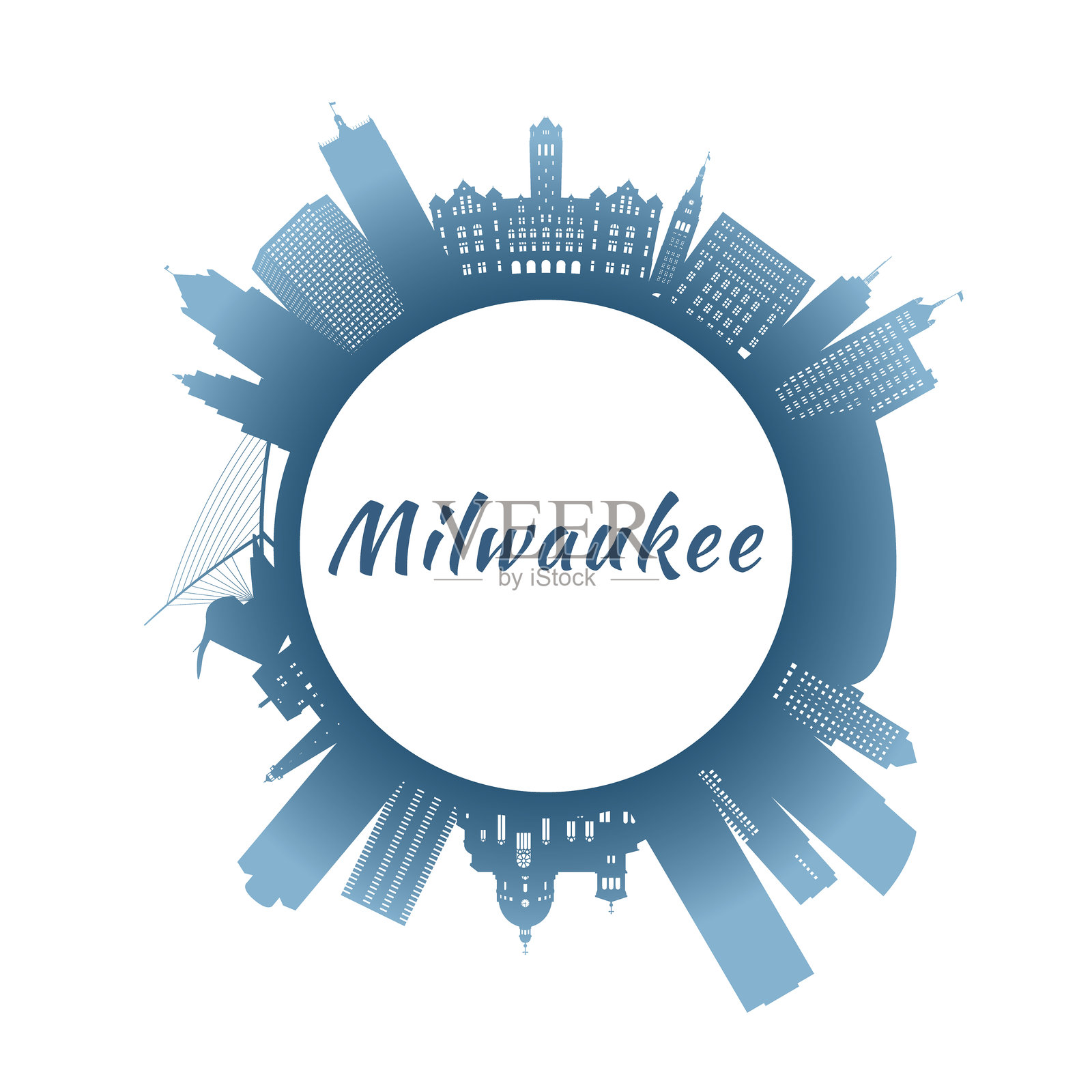 密尔沃基天际线与色彩斑斓的建筑。圆形风格。库存矢量插图插画图片素材