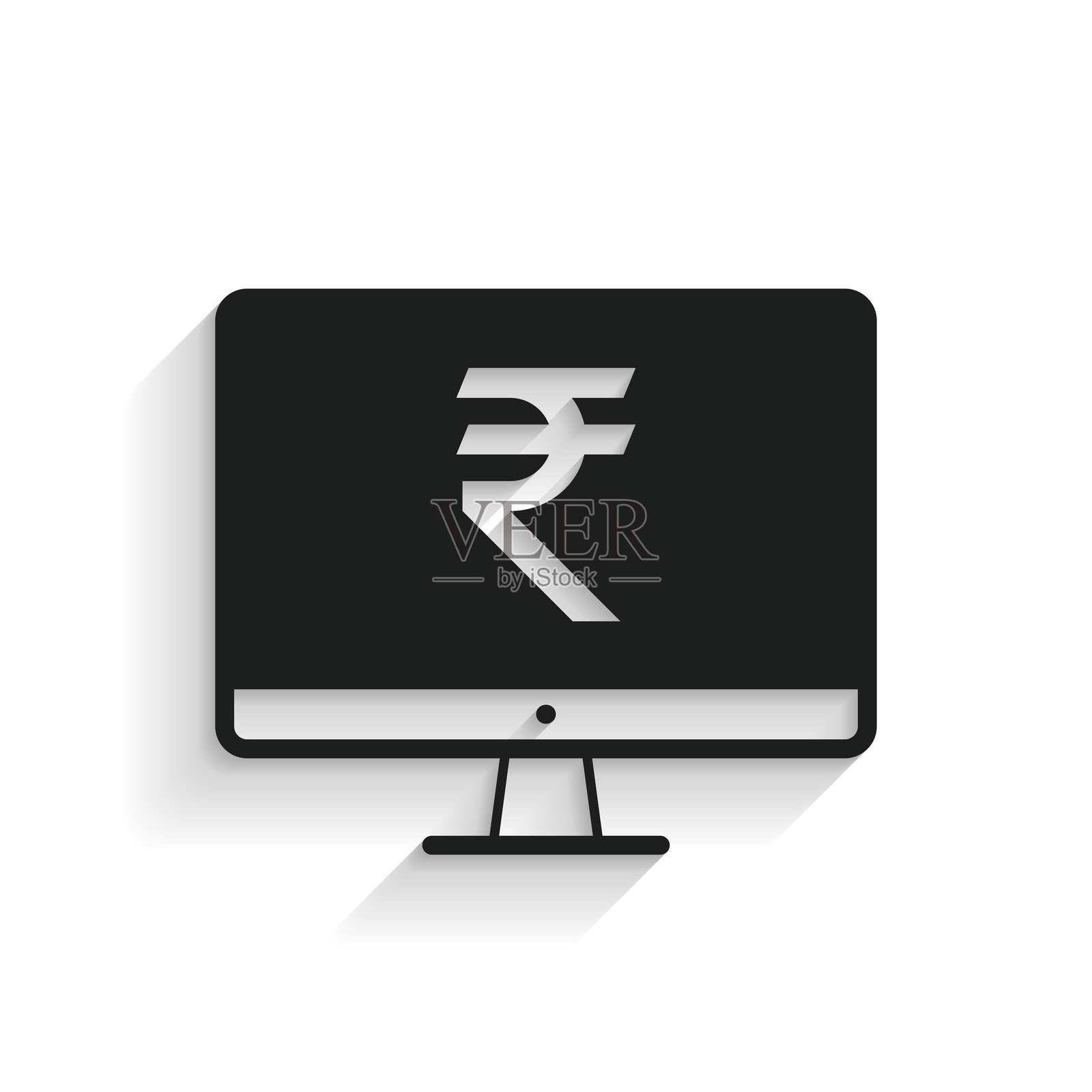 带有印度卢比符号的台式电脑。白色背景上的长阴影图标插画图片素材