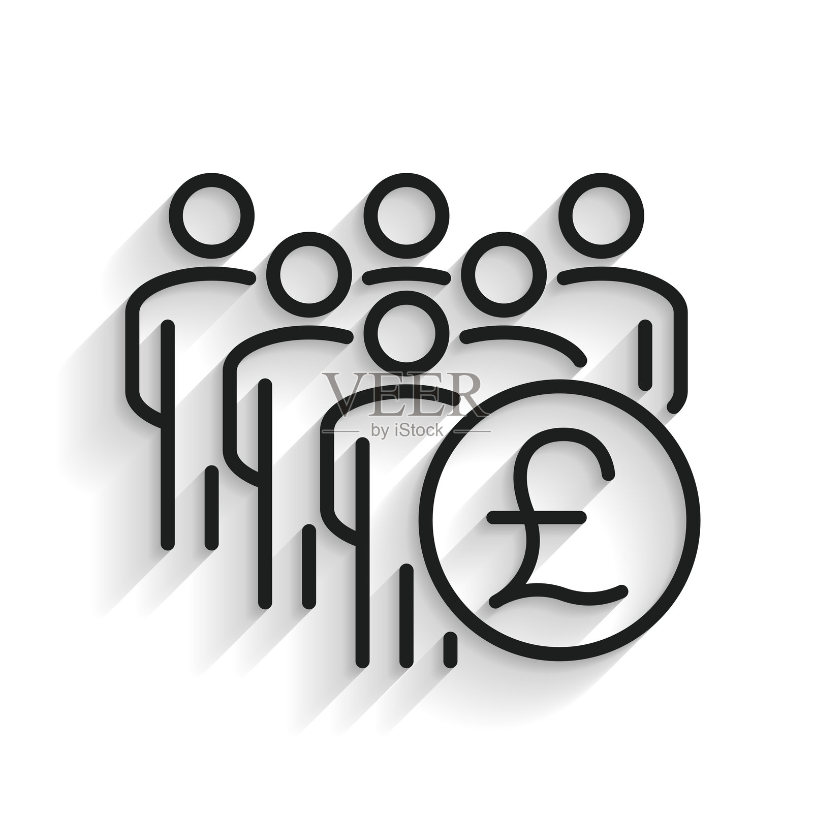 带有英镑符号的人群。白色背景上的长阴影线条图标插画图片素材